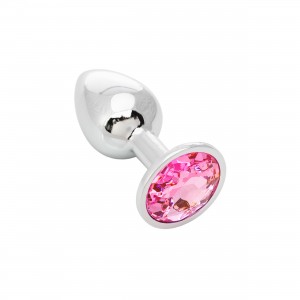Пробка анальная металлическая с розовым круг кристаллом S, Devi toy 72х27мм, серебристая